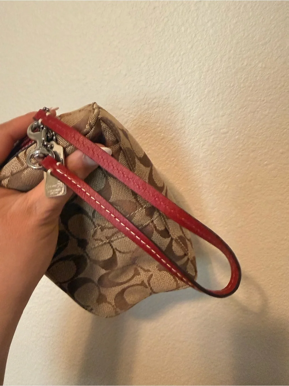 Coach Signature Canvas Wristlet in Brown with Red Strap - Picture 6 of 13